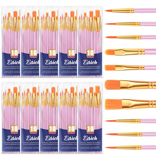 ESRICH Acrylic Paint Brushes Set, 10 Packs 100 Pcs Watercolor Brushes | Nylon Brush Head for Oil Painting, Gouache, Face,Ceramics, Kid's and Adults Painting Arts and Crafts Paint Sets, Pink - color: Pink, size: 100