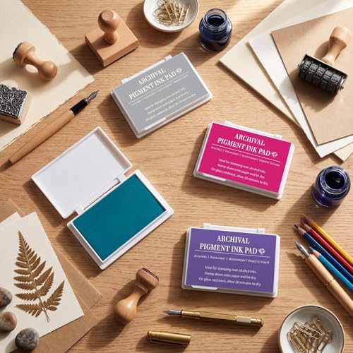 MotiMind 4 Pcs Archival Pigment Waterproof Ink Pad for Stamps, Multicolor | Pigment Stamp Pads for Card Making Scrapbooking, Archival Acid-free Quality, 3.7x2.5 Inch, Works on Paper Glass - color: Multicolor