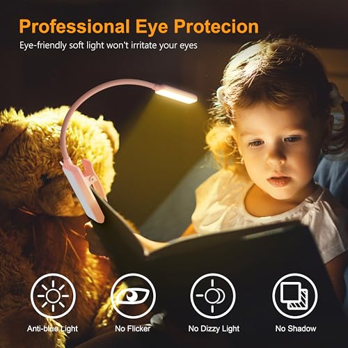 Gritin 9 LED Rechargeable Book Light for Reading in Bed | Eye Caring 3 Color Temps,Stepless Dimming Brightness,80 Hrs Runtime Small Lightweight Clip On Book Reading Light-Pink - color: Pink