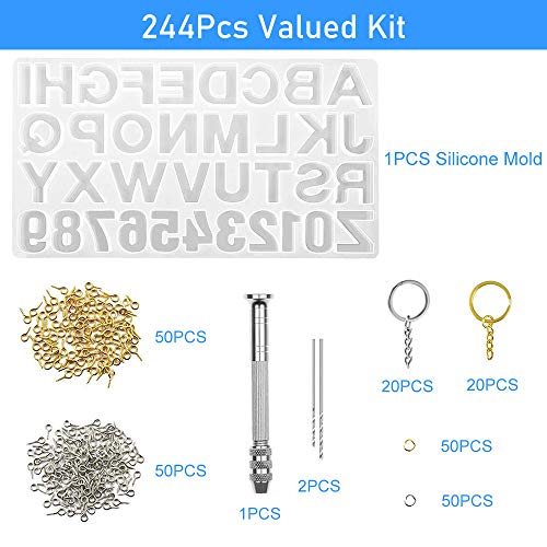 Nupinta 244Pcs Alphabet Silicone Resin Casting Molds Kit, Reversed Letters & Numbers Epoxy Casting Molds with Pin Vise Set for DIY Making Keychain/House Number Resin Crafts