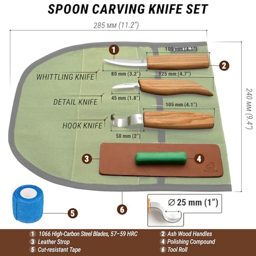 BeaverCraft S13 Wood Carving Tools Set for Spoon Carving 3 Knives Wood Carving Kit for Beginners Hook Knife Wood Carving Right-Handed Spoon Carving Whittling Knives (S13 Right-Handed)