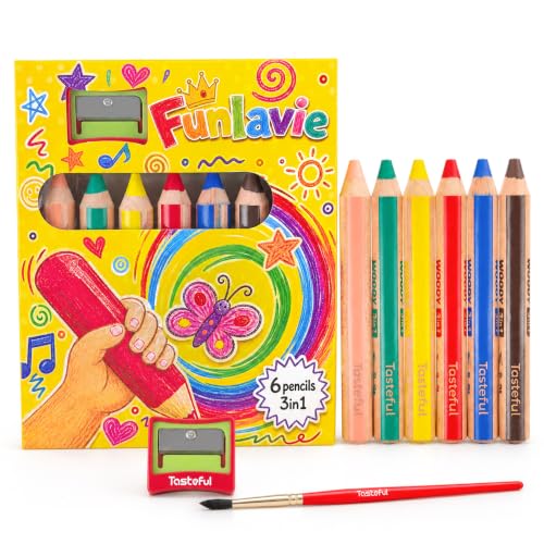 3 in 1 Colored Pencils Set, 6 Jumbo Fat Watercolor Crayons & Coloring Pencils Combo,Easy-Grip Non-Toxic Art Supplies with Sharpener & Water Brush for Beginners and Adults - color: 6-Color Set