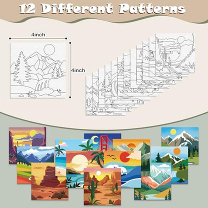 Anseal 12 Packs Pre Drawn Canvas to Paint, 4" X 4" Landscape Pre-Printed Canvas Paint Party for Adult, Stretched Outline Painting Boards for Beginners, Party Favor - style: Landscape