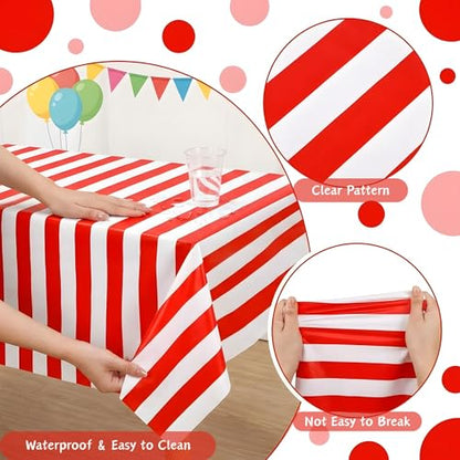 100FT x 54IN Carnival Red & White Striped Tablecloth Roll with Cutter Box | Heavy Duty Disposable Platic Table Cover Wall Backdrop, Cut-to-size for Booths Parties Backdrops - color: Red and White Stripe, size: 1200" x 54" (Rectangular)