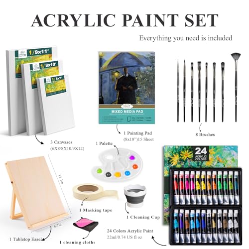 Inburit Acrylic Paint Set for Kids & Adults, Art Supplies Kit with Canvas | Complete 41 PCS Art Painting Supplies Kit, 24 Vibrant 22ml Acrylic Paint Tubes, Large Canvas Boards, Drawing Pad - color: 41PCS+24Colors/ 22ml