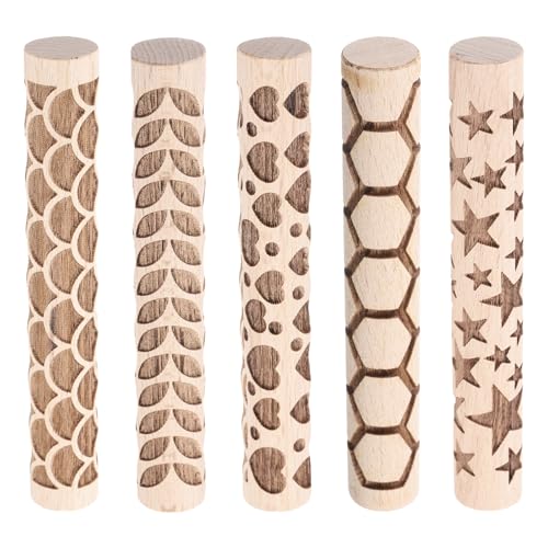 HARFINGTON 5pcs Wood Clay Roller 4"Hexagon Star Fan Heart Leaf Pattern Rolling Pins Pottery Tools Wood Grain Texture Rollers for Clay Baking Dough Playdough DIY - style: Flowers + Paw Prints + Hexagons + Stars + Fan Shapes
