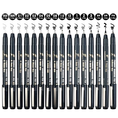 16 Pack Micro Fineliner Drawing Pens - Waterproof Black Ink, Assorted Tip Sizes for Sketching, Manga, Anime, Comic, Art Writing, Journaling & Architectural Design