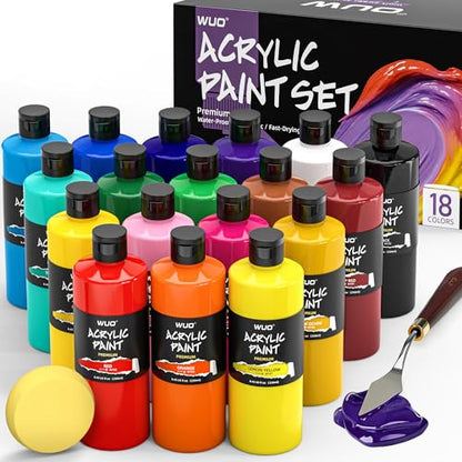 WUO 18 Colors Acrylic Paint Set, 250ml/8.45oz Professional Acrylic Paint | Large Bulk Rich Pigment Non-Toxic Multi-Surface Art Supplies for Artists Beginners Adults on Canvas Wood Rock Ceramic Crafts - color: 18 Colors