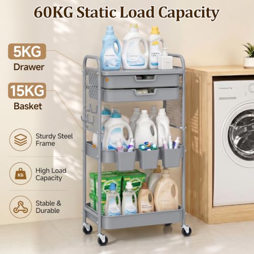 3 Tier Rolling Cart with 2 Drawers, Metal Utility Storage Carts with Wheels | Kitchen Rolling Cart 4.5" Deep Basket, Mesh Side Panel with 3 Cups, 4 Hooks for Office, Bedside, Craft Storage Cart - color: Dark Dray