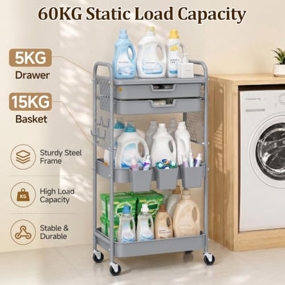 3 Tier Rolling Cart with 2 Drawers, Metal Utility Storage Carts with Wheels | Kitchen Rolling Cart 4.5" Deep Basket, Mesh Side Panel with 3 Cups, 4 Hooks for Office, Bedside, Craft Storage Cart - color: Dark Dray