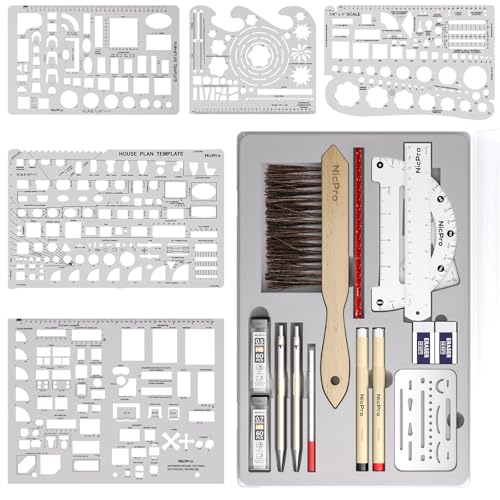 Nicpro 21PCS Professional Drafting Tools & Geometry Set with Case, Architect Compass & Protractor Set, Metal Pencils, Pens, Scale Ruler Metal Ruler, 5 Drawing Templates for Interior House Plan Design - size: 21 PCS