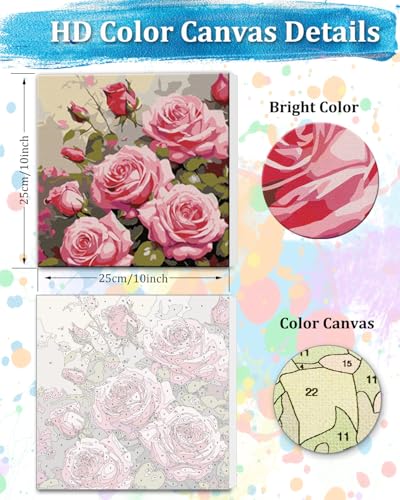 TOCARE Framed Paint by Numbers Kit for Adults Beginners & Kids Ages 8-12,Pink Rose Paint by Number with Frame,Easy Flowers Paint by Numbers Framed Canvas (10x10 Inch, Without Easel) - color: TC-F-212