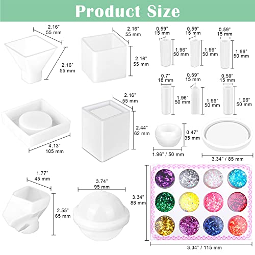 Silicone Resin Molds Kit 26PCS, Epoxy Molds, Large Casting with 12 Glitter Sequins for UV Casting, Including Sphere, Cube, Pyramid, Square, Coaster, Stone & Pendants
