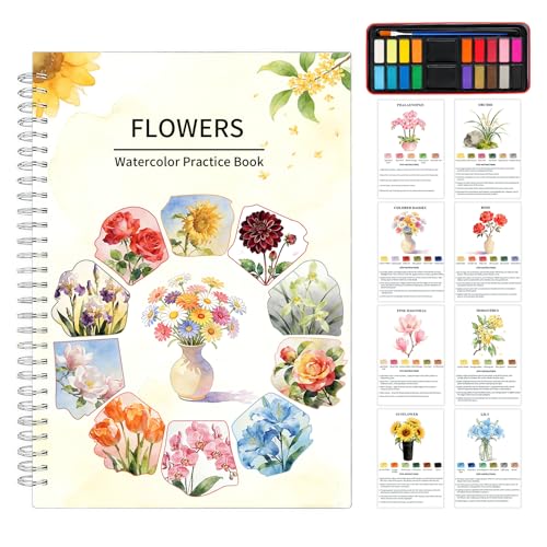 EVOCKAY Beginner's Beautiful Watercolor Workbook - Easy & Relaxing Floral Painting on Premium Paper - Ideal Gift to Ignite Creativity and Joy for Adults - color: Flower B-15 Colors