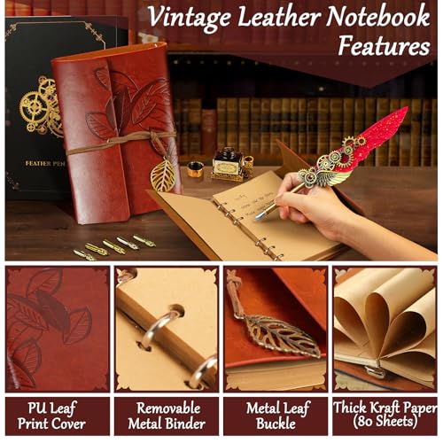 Feather Quill Pen and Ink Set,Calligraphy Set with Leather Journal Notebook | Feather Pen,5 Gold Nibs,Pen Holder,Ink,Antique Calligraphy Kits for Beginners Christmas Gift - color: Red