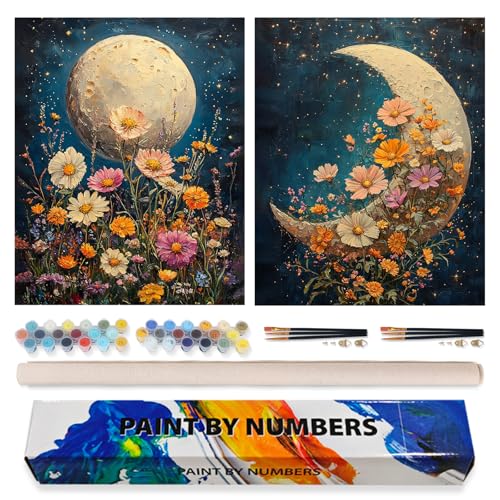 Possoco 2 Pack Paint by Numbers Kit for Adults Beginner, Moon Flowers Adult Paint by Number Kits on Canvas, DIY Acrylic Number Painting for Adults for Home Decor Gift 16x20 Inch - color: DG-OP-2P-Moon-4050