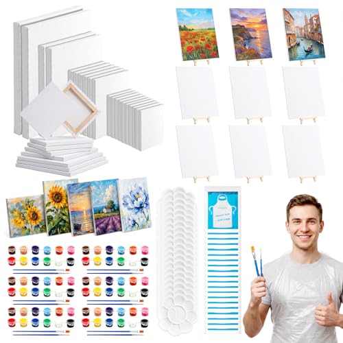 Engrowtic 160 Pcs 20 Set Paint and Sip Kit for Adult Include Blank Mini Canvas Boards Wooden Easels Painting Strips Brushes Palettes Disposable Aprons for Party Paint and Sip Date Night Kits