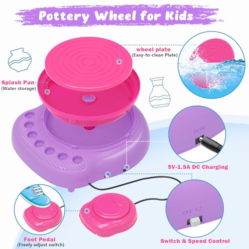 Pottery Wheel for Kids with Air Dry Clay Kit, 12 Paints & Tools, Ages 6-12 | No kiln needed: shape on the electric wheel, air-dry & paint. Gentle beginner speed; kit adds 3 clay packs, tools & apron - color: pink/purple