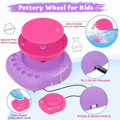 Pottery Wheel for Kids with Air Dry Clay Kit, 12 Paints & Tools, Ages 6-12 | No kiln needed: shape on the electric wheel, air-dry & paint. Gentle beginner speed; kit adds 3 clay packs, tools & apron - color: pink/purple