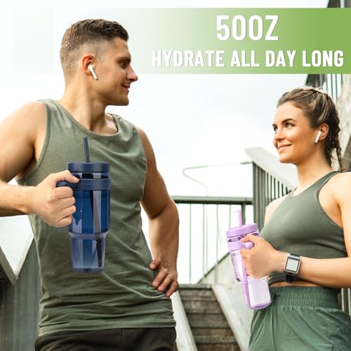 50 oz Tritan Plastic Tumblers with Lids and Straw | Leak-Proof BPA-Free Tumbler with Time Marker, Reusable for Iced Coffee, Tea, Juice, Boba, Smoothies, Wide Mouth - color: Navy Blue
