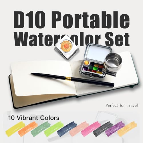 D10 Mini Watercolor Palette Travel Set - 10 Colors Portable Tin with Magnetic Metal Clip & Tiny Water Bottle - Micro Pocket Paint Kit for Urban Sketching, Art Journaling & Plein Air