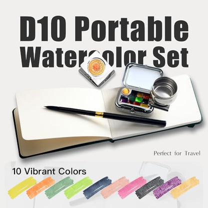 D10 Mini Watercolor Palette Travel Set - 10 Colors Portable Tin with Magnetic Metal Clip & Tiny Water Bottle - Micro Pocket Paint Kit for Urban Sketching, Art Journaling & Plein Air