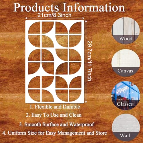 6 Piece Geometric Pattern Painting Stencils, Reusable Modern Minimalist Abstract Figures, Mid-Century Modern Drawing Templates for Wood, Canvas, Wall, Fabric - Home Decor Crafting Supplies