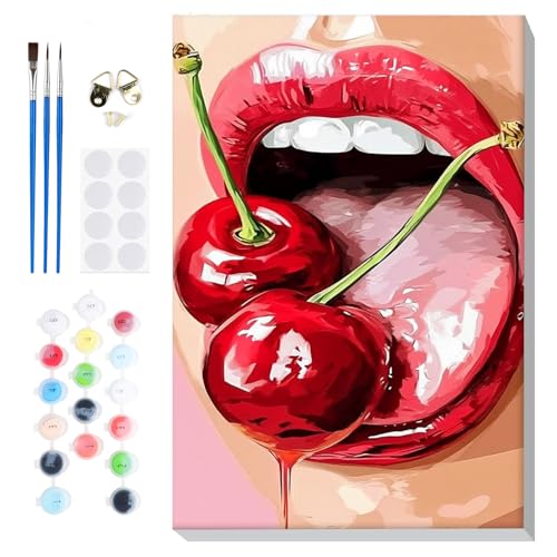 Bowetile Framed Red Lips Paint by Numbers for Adults, 8x12in - color: Red lips and cherry