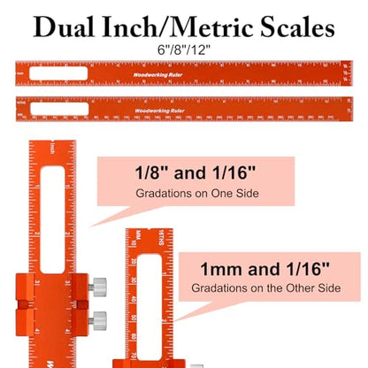 Woodworking Ruler Set 3PCS(6/8/12-Inch) - Precision Aluminum Pocket Rulers with Dual Inch & Metric Scales | T-Type Scribing & Square Edge for Marking