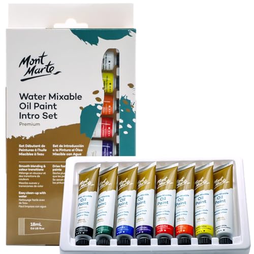 Mont Marte Oil Paint Set Water Mixable 8x18ml, Titanium White,Mid Yellow,Orange,Cadmium Red,Phthalo Green,Cobalt Blue,Ultramarine Violet,Ivory Black