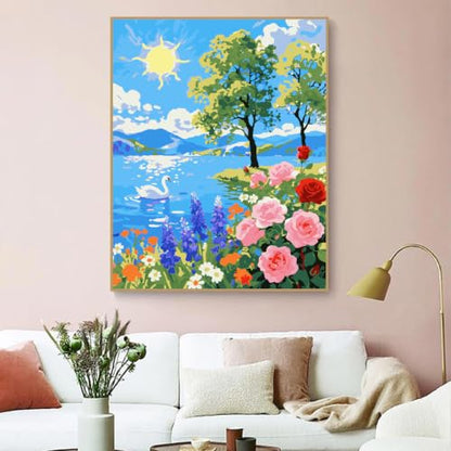 ZRIZQ Paint by Numbers Kit for Adults Beginner,Summer Landscape,16x20 | Full set with rich paints,wooden brushes,rolled canvas.Calming activity.Beginner friendly.Just open and paint. - color: 16"X20"Rolled Canvas-Summer Landscape