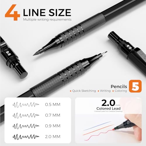Four Candies Metal Mechanical Pencil Set, 3PCS Art Drafting Pencils 0.5, 0.7, 0.9MM & 2PCS 2MM Mechanical Drawing Pencils with 420PCS Leads (4B 2B HB 2H Color) for Writing Sketching Drawing (Black) - color: Black, size: 0.5, 0.7, 0.9, 2.0MM