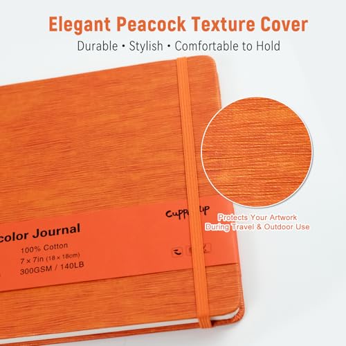 CuppaClip Leather Watercolor Journal, 300gsm/140lb 100% Cotton Cold Press Water ColorPaper, 20 Sheets Acid-Free Watercolor Sketchbook Art Notebook for Painting, Drawing, Travel (Orange, 7×7in) - color: Orange, size: 7×7in