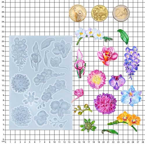 Flower Fondant Mold for Air Dry Clay Crafts 14-Cavity - color: Flower (Orchid Wisteria Dahlia) 14-cavity #5592
