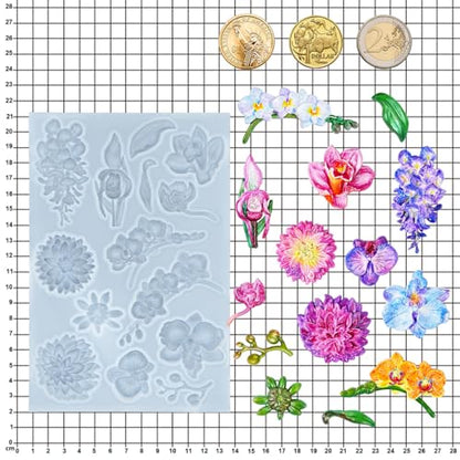 Flower Fondant Mold for Air Dry Clay Crafts 14-Cavity - color: Flower (Orchid Wisteria Dahlia) 14-cavity #5592