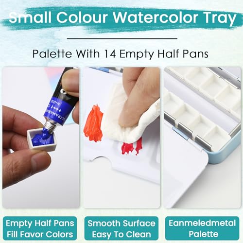 Blue Metal Watercolor Tin Palette - Empty w/ Paint Tray & 14 Half Pans - Robust & Functional - Perfect for Plein Air & Studio Painting - style: Far Mountain