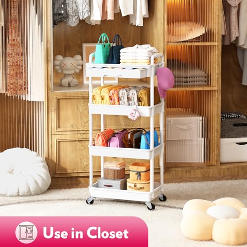 SUNALLY Makeup Cart Organizer with Drawer,4 Tier Rolling Makeup Cart, White - color: White, size: 4 Tier