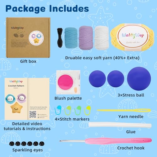 WaldyWop Crochet Kit for Beginners: 3Pcs Ocean Friends Wobbles Crochet Animal Kit for Starter Adults - Dly StressRelief Ball w/ 40% Extra Yarn, Easy Video & Instructions - Christmas Gift for Women - color: Star