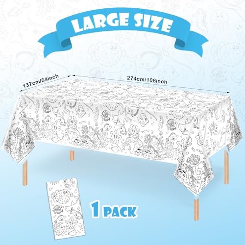 Giant Under The Sea Party Coloring Tablecloth for Kids - Huge Ocean Animals Theme Table Cover Large Under The Sea Shark Painting Poster for Children Birthday Party Supplies 54x108 Inch - color: Ocean