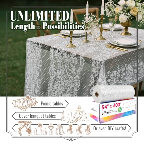 Disposable Tablecloth Roll,54 x 300Ft Lace Plastic Table Cloth | Plastic Table Cover Roll, Easy Cut Setup, Waterproof plastic table covers For Tea Table,Dessert Bar,Wedding,School（Lace Dots） - color: Lacedots, size: 54" x 3600" (Rectangular)