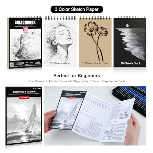 KALOUR 113PCS Drawing Set, Professional Sketching Kit with 3-Color Sketchbook,Graphite & Charcoal Pencils, Wooden Mannequin, Art Tools in Zipper Case, Art Supplies for Beginners & Artists Gift