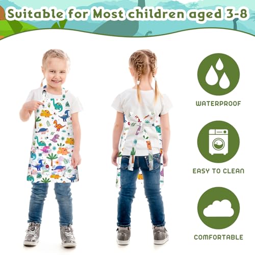 PLULON 4 Pcs Kids Aprons with Pockets Painting Apron for Kids, Dinosaur Kids Apron Adjustable Strap Dino Apron for Painting Cooking Baking Girls Boys Paint Dinosaur Party Supplies, 3-8 Years - color: Multicolor Dinosaur