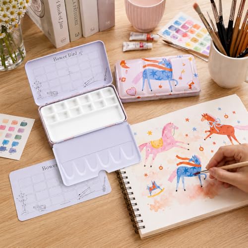 Bower Bird Travel Watercolor Palette, Portable Metal Tin with Ceramic Paint Palette, Empty Sketching Set, White, Antique Style (12well)