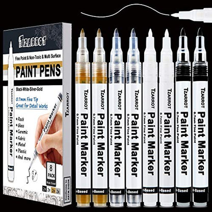 White Paint Pen, 8 Pack 0.7mm Acrylic Paint Pens with 2 White 2 Black 2 Gold 2 Silver Permanent Marker for Wood Rock Fabric Metal Plastic Ceramic Acrylic Markers Extra Fine Tip