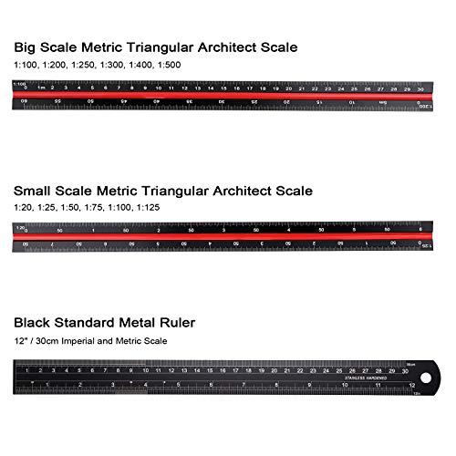 OwnMy 3 Pack 30CM Solid Aluminum Triangular Architect Scale Ruler Set | 3-Colors-Groove Architectural and Engineer Scale Metal Rulers, Clear Scale Metal Drafting Rulers for Civil Engineer Blueprint - style: Metric Scale