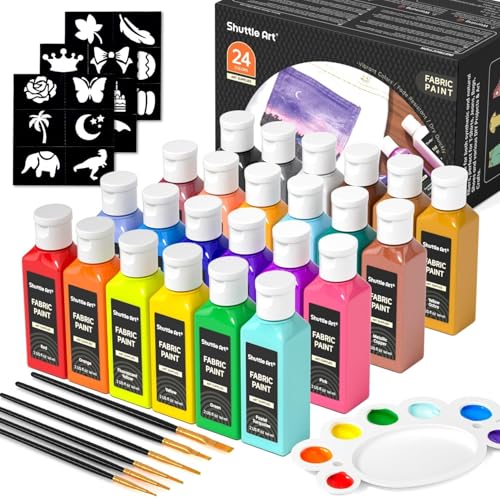 Shuttle Art Fabric Paint 24 Colors Permanent Soft Fabric Paint in Bottles (60ml/2oz) with Brushes &Stencils, Non-Toxic Textile Paint for T-Shirts, Shoes, Jeans, Bags, DIY Projects & Crafts - color: Regular, size: 2 Fl Oz (Pack of 24)