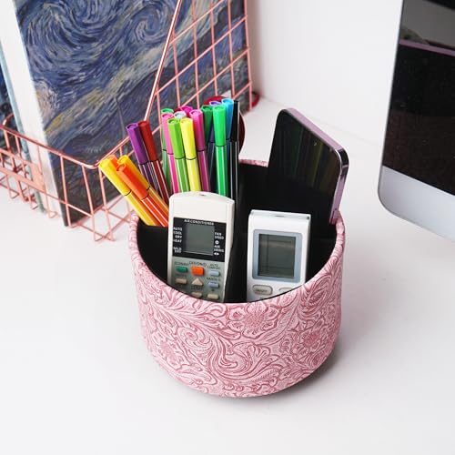 Round Leather Art Supply Organizer,Remote Control Holder,360 Degree Spinning,Multi-Functional Pencil Holder,4 Compartments Desktop Stationary Organizer(1-Carved Pink) - color: 1-Carved Pink