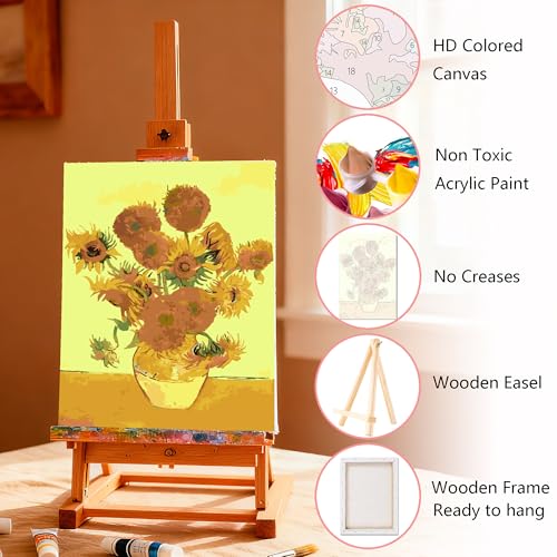 Muzagroo Art 4 Pcs Paint by Numbers Kits for Adults Framed Canvas with Wooden Easel DIY Beach Acrylic Oil Paintings Kits Paint by Numbers on Canvas Wall Art 8x12 inch (Van Gogh) - color: Van Gogh