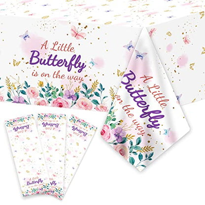 OBUSATT 3Pcs Butterfly Baby Shower Tablecloth Supplies - A Little Butterfly is On The Way Baby Girl Party Disposable Plastic Table Cover Pink Floral Princess Girl Party Decoration - style: Butterfly Baby Shower
