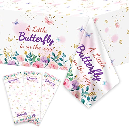 OBUSATT 3Pcs Butterfly Baby Shower Tablecloth Supplies - A Little Butterfly is On The Way Baby Girl Party Disposable Plastic Table Cover Pink Floral Princess Girl Party Decoration - style: Butterfly Baby Shower